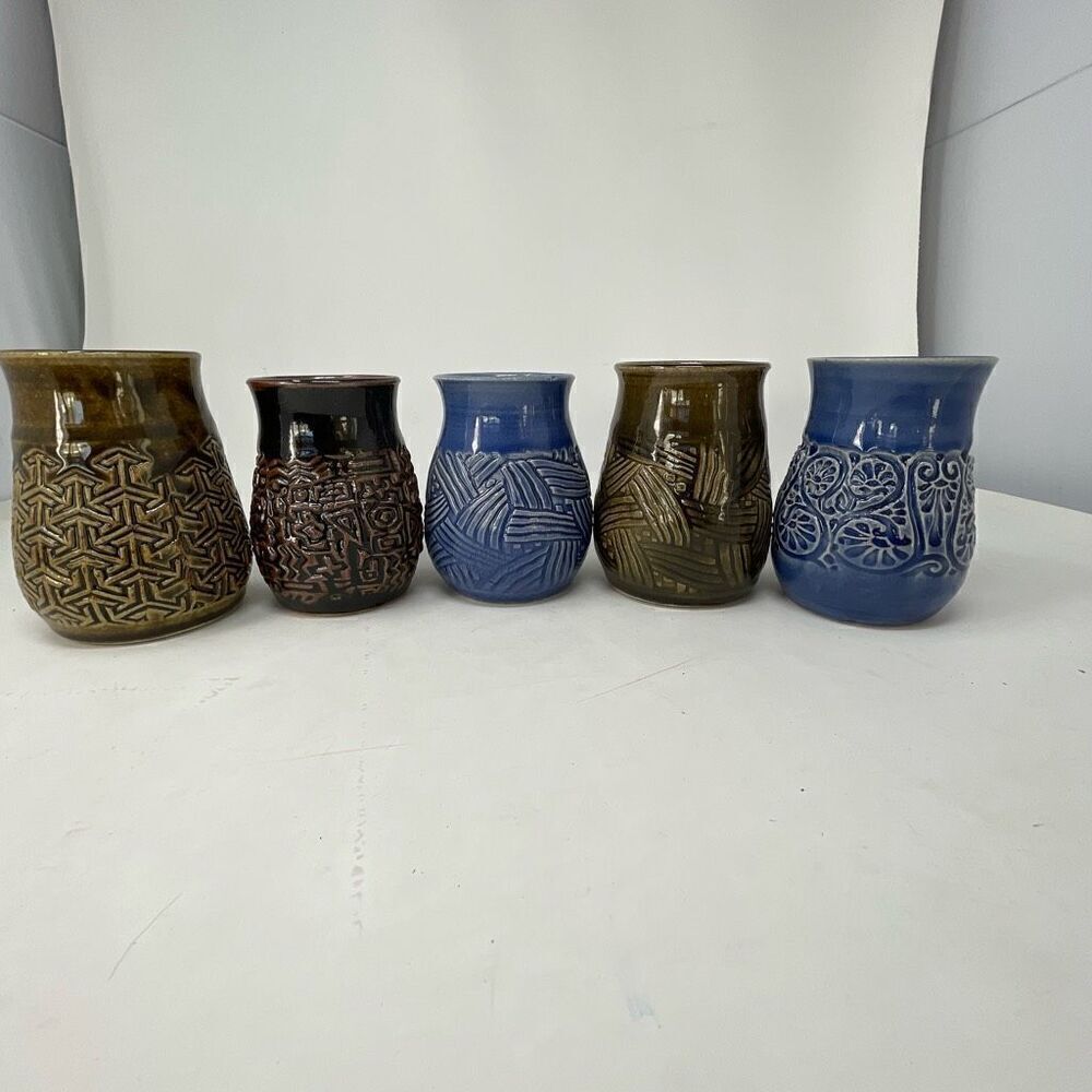 Handmade Ceramic Coffee Mug’s tribal design set of 5 B Signature Stamp. ￼